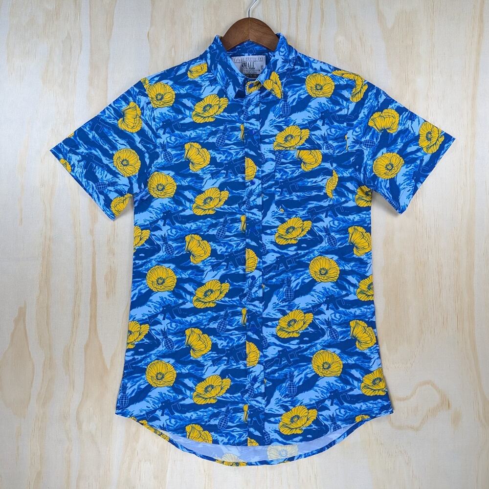 Savage Tacticians Men's Small Blue Camo Poppy Rifle SavTac Stretch Aloha Shirt